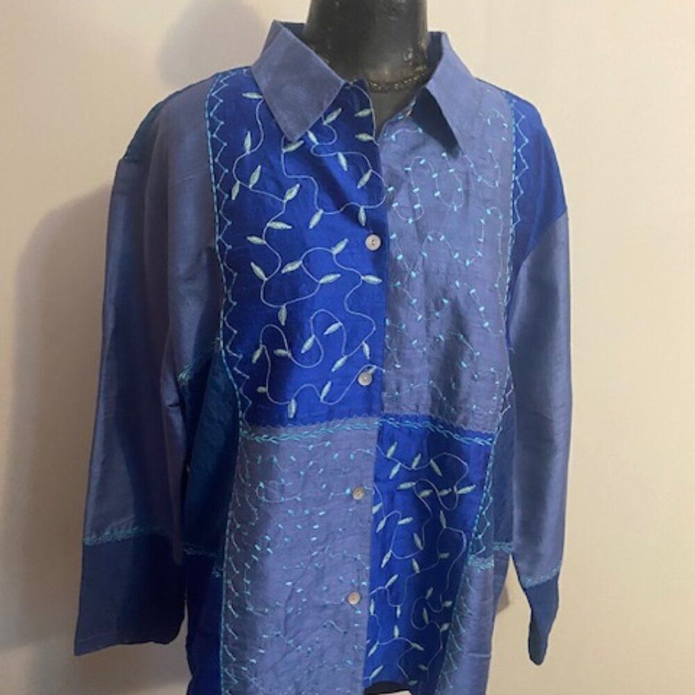 Charles Keath Blue Silk Patchwork Lace embroidered button down shirt, size XL